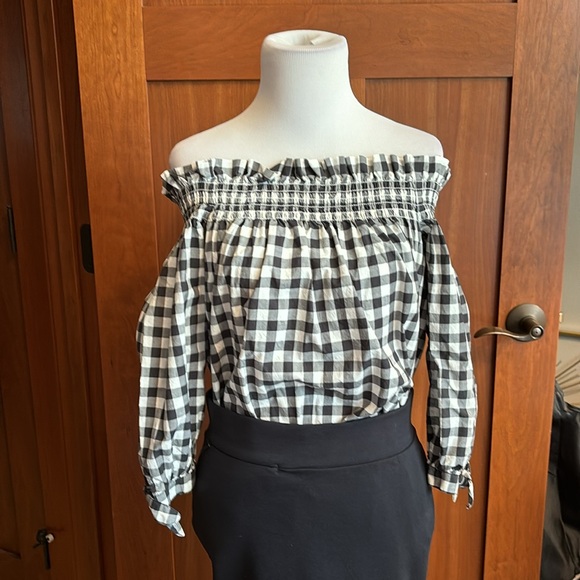 Kate Spade Gingham/Checked Black and White Off Shoulder Top XXS 3/4 Tie Sleeves - Picture 6 of 12